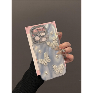 13輕奢鑲鉆鏡框16Pro新款 立體時尚 珍珠蝴蝶結適用蘋果16Promax手機殼iPhone15Pro高檔高級感14保護套11女款