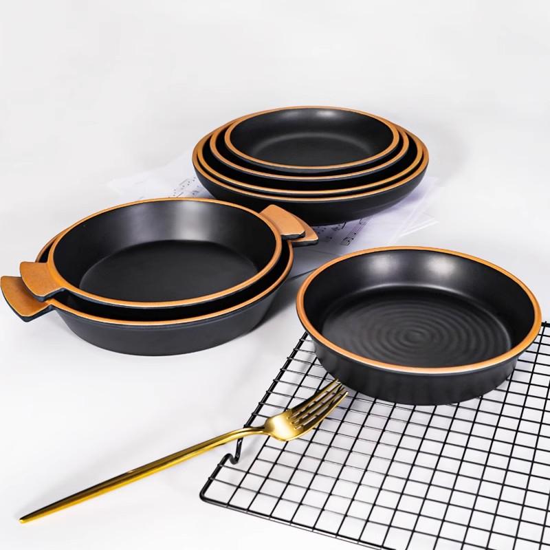 黑色盘子酸菜鱼盆西餐盘酒店仿瓷料双耳圆盘大碗深汤盘商用可定制