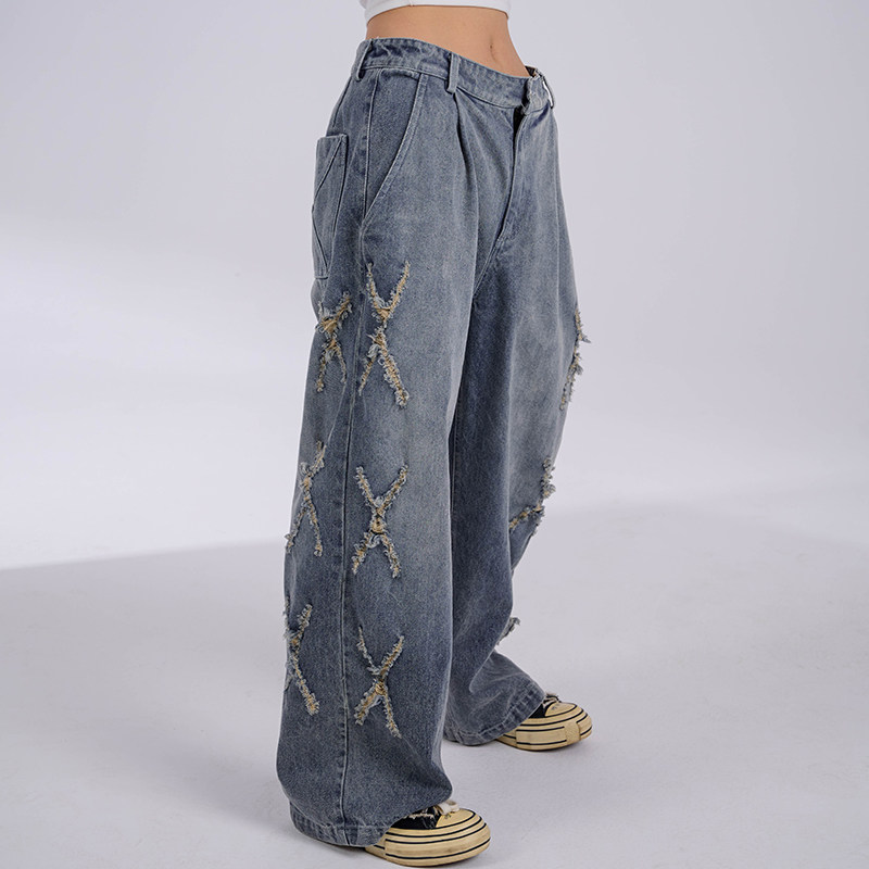 现货 BAK原创水洗割破直筒版型百搭宽松做旧阔腿个性牛仔长裤女,女装/女士精品,牛仔裤,淘宝优惠券,粉丝福利购,淘宝优惠卷