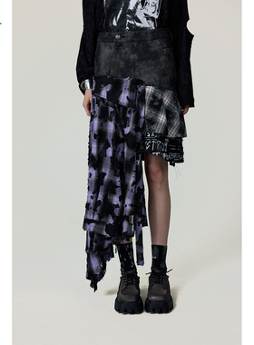 现货BAK原创设计 黑紫格纹不规则半身裙甜酷下摆不对称朋克斜边裙