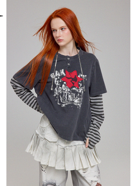 现货BAK原创设计 “无序音符”假两件摇滚印花打底衫春秋针织上衣