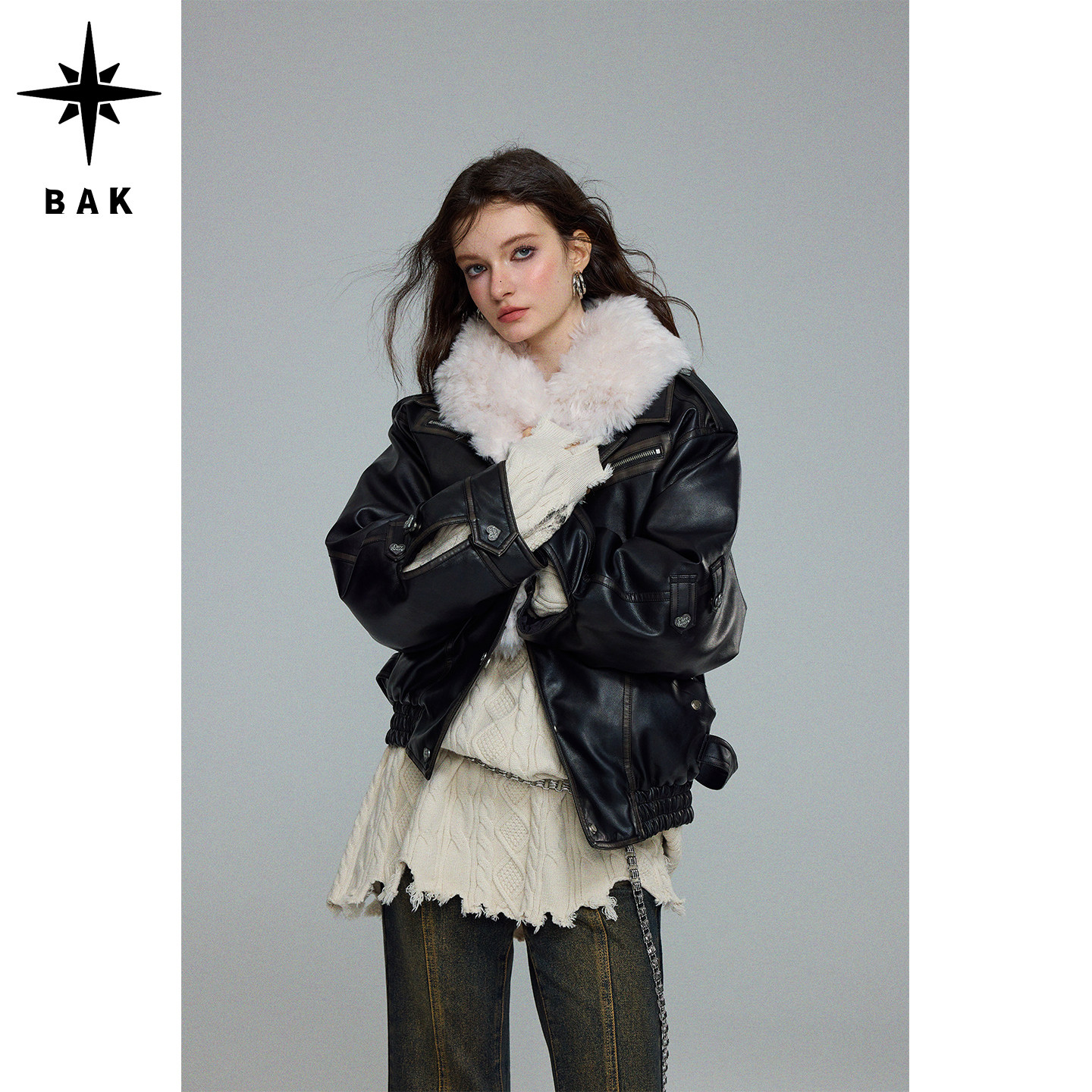 BAK原创「心愿信号」可脱卸毛领擦色机车皮棉衣秋冬水洗夹克两穿