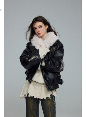 BAK原创「心愿信号」可脱卸毛领擦色机车皮棉衣秋冬水洗夹克两穿