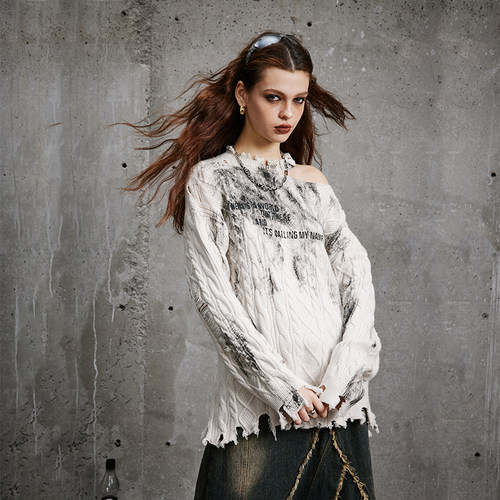 不规则破洞露肩兔绒包芯纱