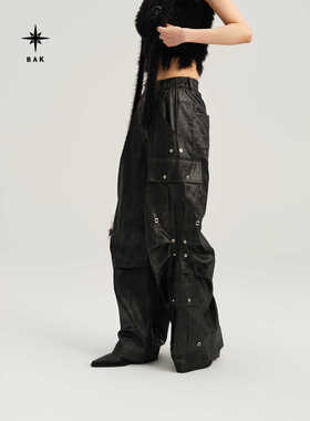 BAK原创pu皮金属廓形工装长裤裤子女春秋新款黑色直筒休闲潮