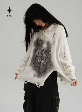 现货BAK原创 做旧涂鸦破洞慵懒针织衫女毛衣休闲街头镂空宽松上衣
