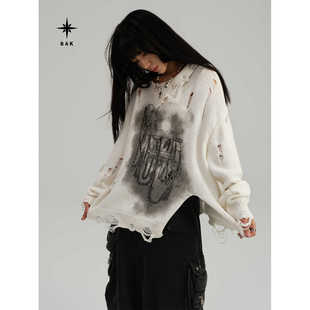 现货BAK原创 女毛衣休闲街头镂空宽松上衣 做旧涂鸦破洞慵懒针织衫