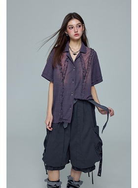 夏季紫色格纹衬衫短袖复古做旧木耳边宽松休闲时尚显瘦上衣女款