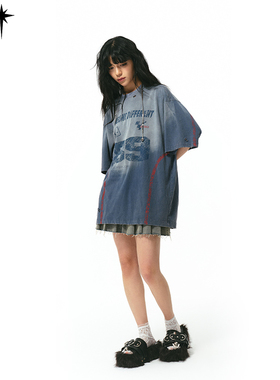 BAK原创杨超越同款水洗做旧渐变t恤复古女短袖破洞高街夏款上衣