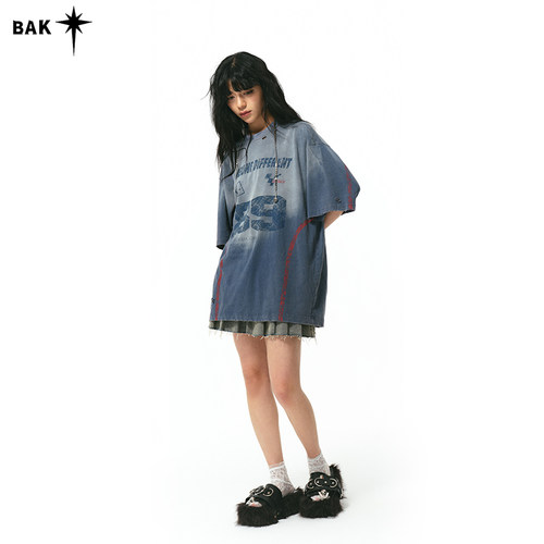 原创设计做旧渐变撞色T恤