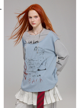 BAK原创设计现货 “旧叙涂鸦”轻亚假两件毛边水洗印花卫衣