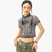 BAK原创设计现货晕染喷绘短袖 T女字母印花机能风辣妹百搭打底上衣