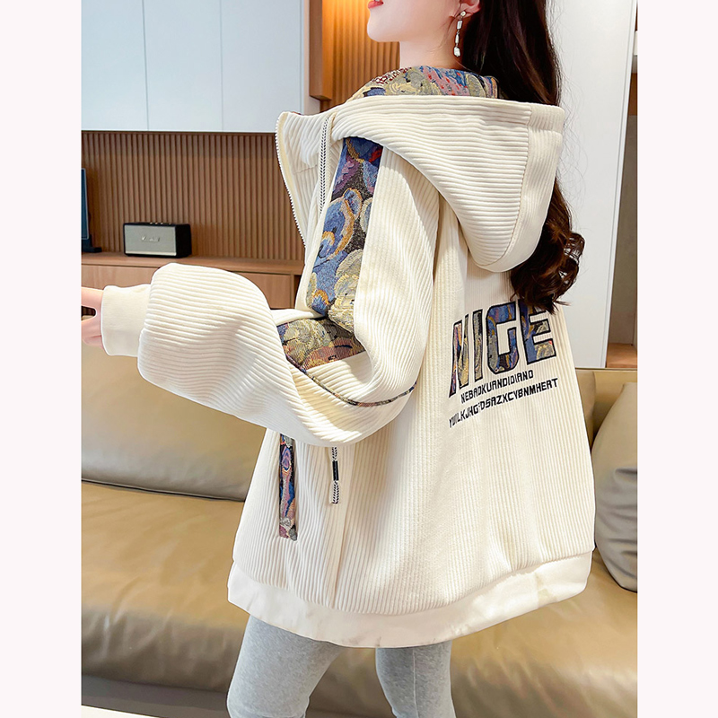 新中式国风连帽外套女春秋洋气宽松休闲大码学生灯芯绒夹克棒球服