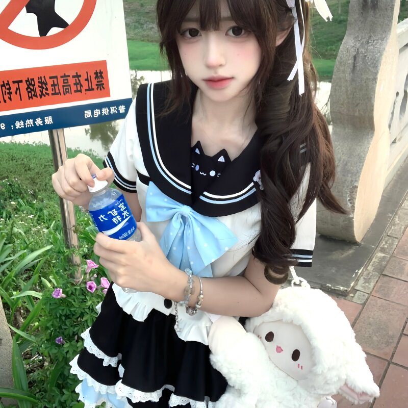 晶米猫原创jk制服【蓝调甜心】日系甜美水手服可爱波点蛋糕裙套装