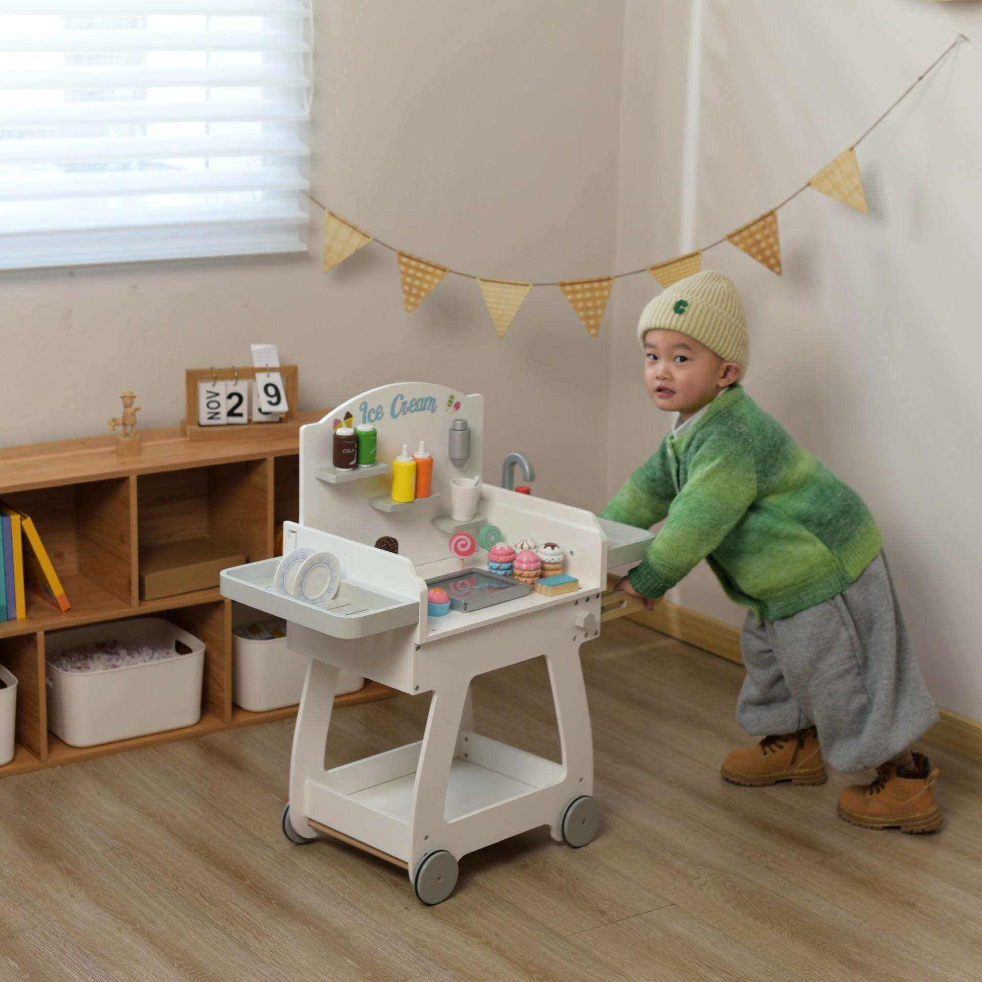 儿童仿真白色冰激凌推车厨房幼儿多功能面板操作成长厨具套餐