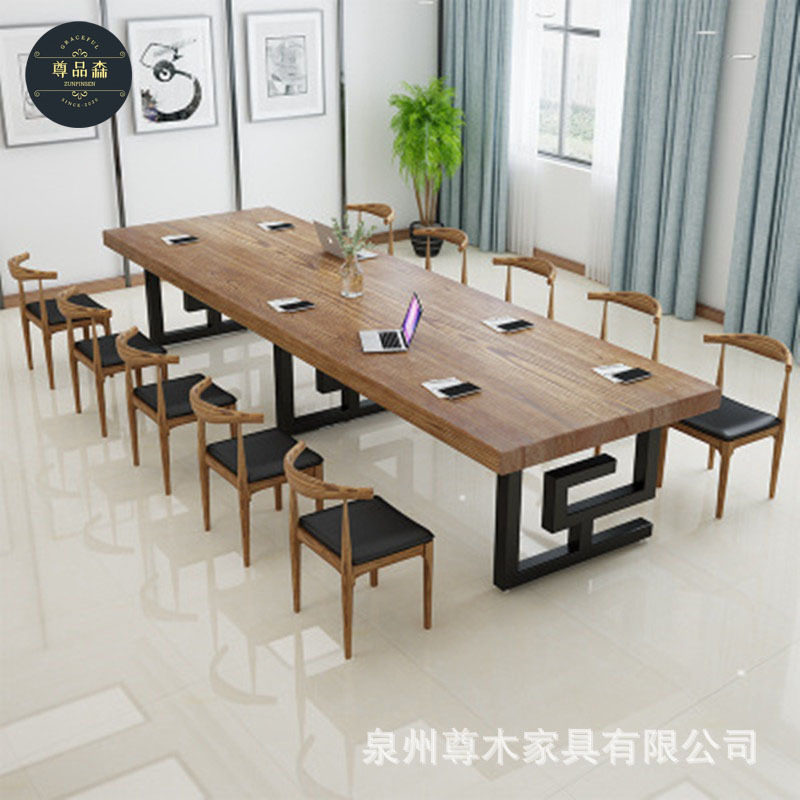 美式图书馆阅览室长条书桌职员铁艺办公桌椅办公室大型实木会议桌
