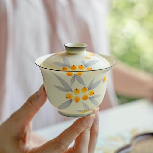 纯手绘枇杷粉引素简盖碗茶杯中式泡茶器家用陶瓷功夫二才茶碗