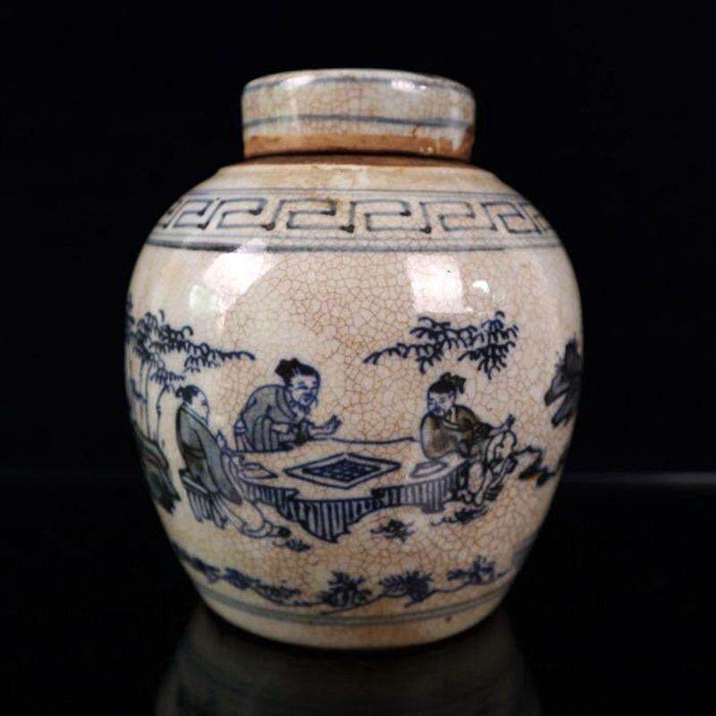 现货收藏古玩工艺品青花瓷器杂件做旧人物图纹盖罐家居客厅摆饰