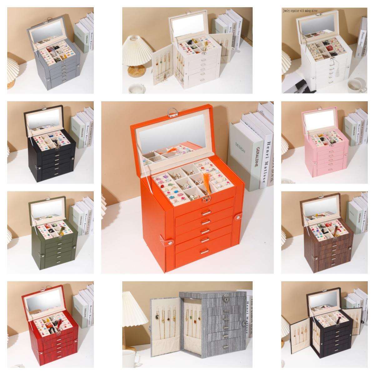 现货大容量珠宝首饰盒新款衣帽间5层抽屉双开门带镜子钥匙饰品盒