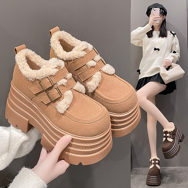 超高跟乐福鞋女厚底新款2026冬季加绒小皮鞋松糕一脚蹬毛毛雪地靴