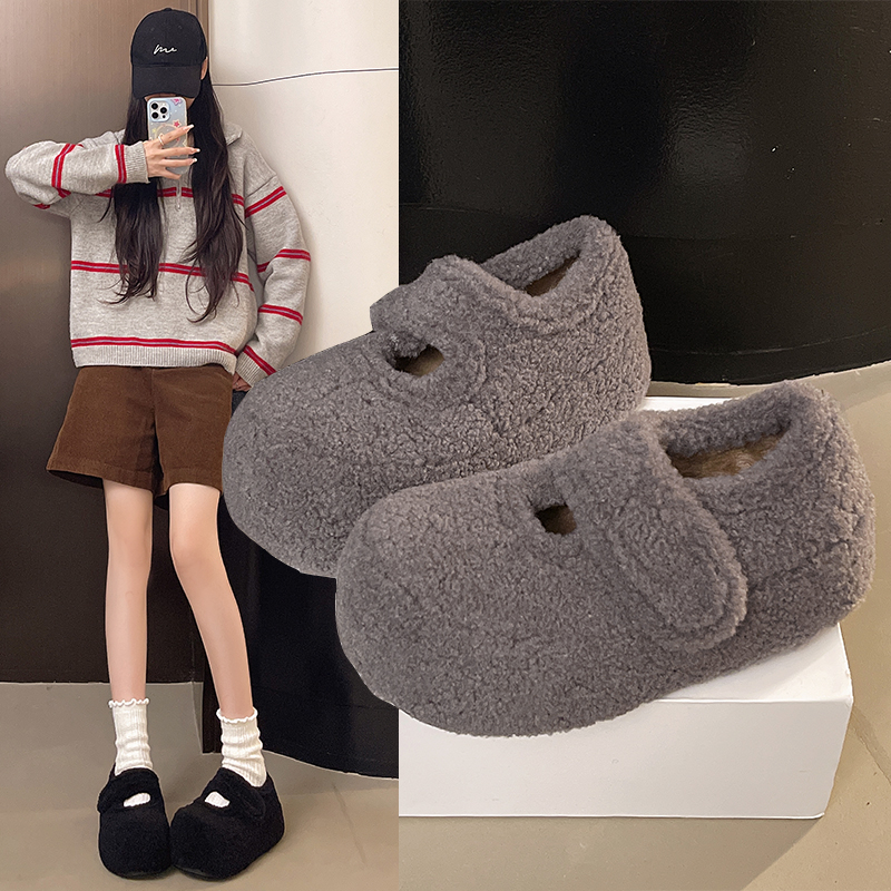 秋冬新款厚底大头羊羔毛毛鞋