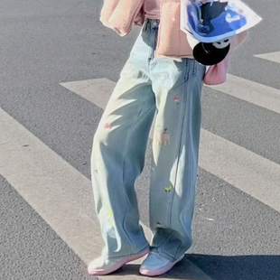 女2025新款 休闲时尚 冬季 女大码 宽松 加绒高腰显瘦直筒裤 卡通牛仔裤