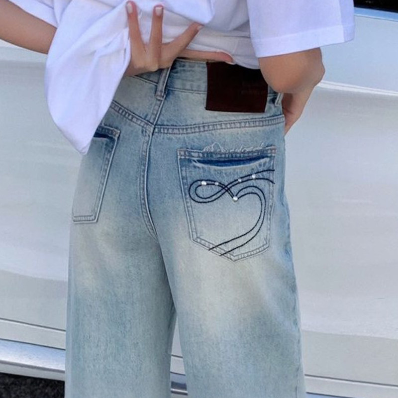 韩式高腰刺绣直筒牛仔裤女2026新款春季显瘦窄版蓝色长裤,女装/女士精品,牛仔裤,淘宝优惠券,粉丝福利购,淘宝优惠卷