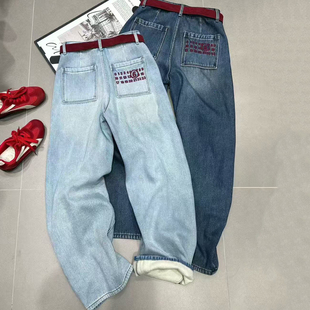 刺绣牛仔裤女2025新款冬季加绒直筒裤女高腰显瘦设计感宽松数字