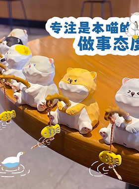 木雕姜太猫钓鱼玩具摆件可爱车载内饰装饰卡皮巴拉木鱼小宝马莉签