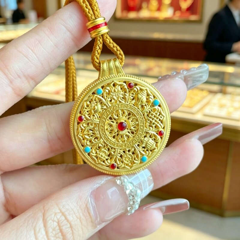 古法金包银珐琅彩八宝罗盘吊坠女如意圆满挂坠镂空花丝项链毛衣链