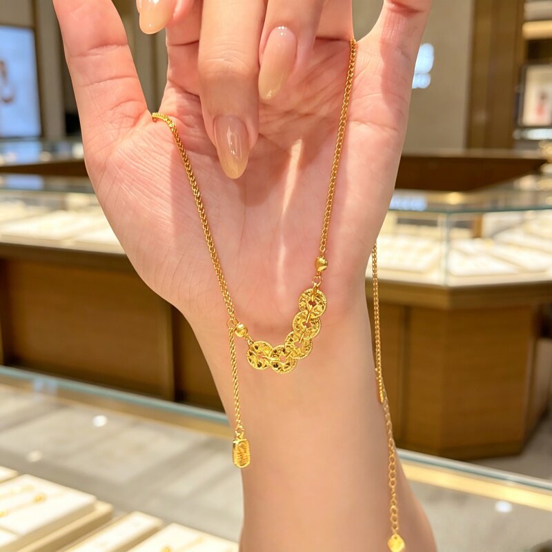 金包银五帝钱币项链女碎碎冰手链钱多多黄金盘缠吊坠锁骨链送女友