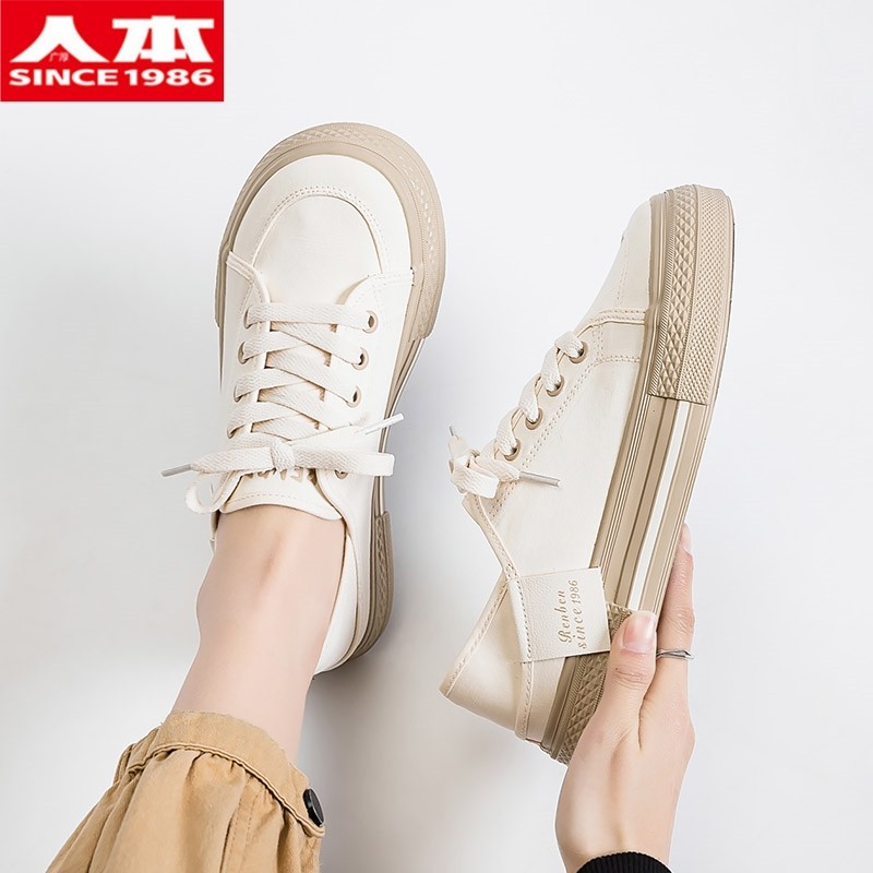 人本帆布鞋女鞋官方旗舰店秋新款踩踏两穿休闲鞋百搭薄款透气板鞋