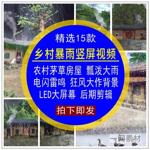 乡村暴雨竖屏视频农村茅草房屋瓢泼大雨狂风大作后期剪辑合成素材