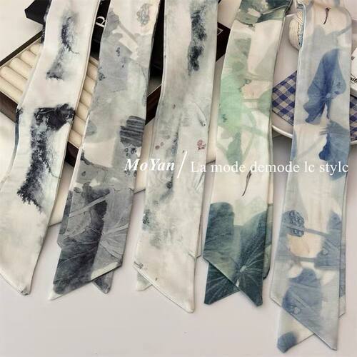 新中式水墨荷叶扎头发丝巾发带女复古绑头巾长条飘带古风百搭发绳