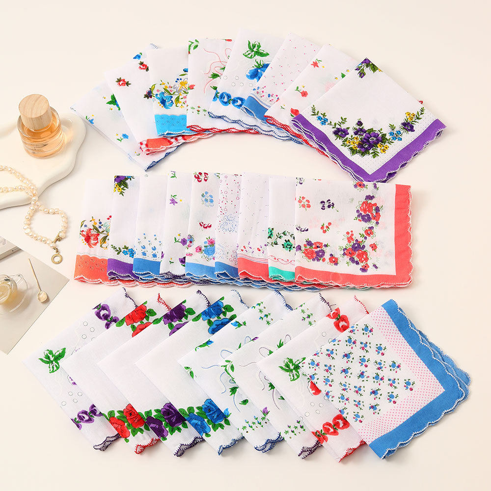 28厘米小碎花卡通月牙边手绢白底印花纯棉手帕女士擦手巾茶巾薄款