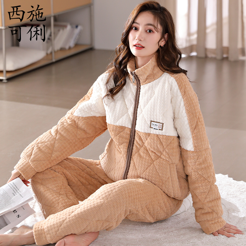 睡衣女士冬季加厚三层夹棉珊瑚绒