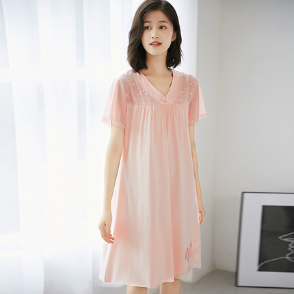 莫代尔睡裙女士夏季短袖丝光棉薄款睡衣女中年妈妈宽松大码家居服