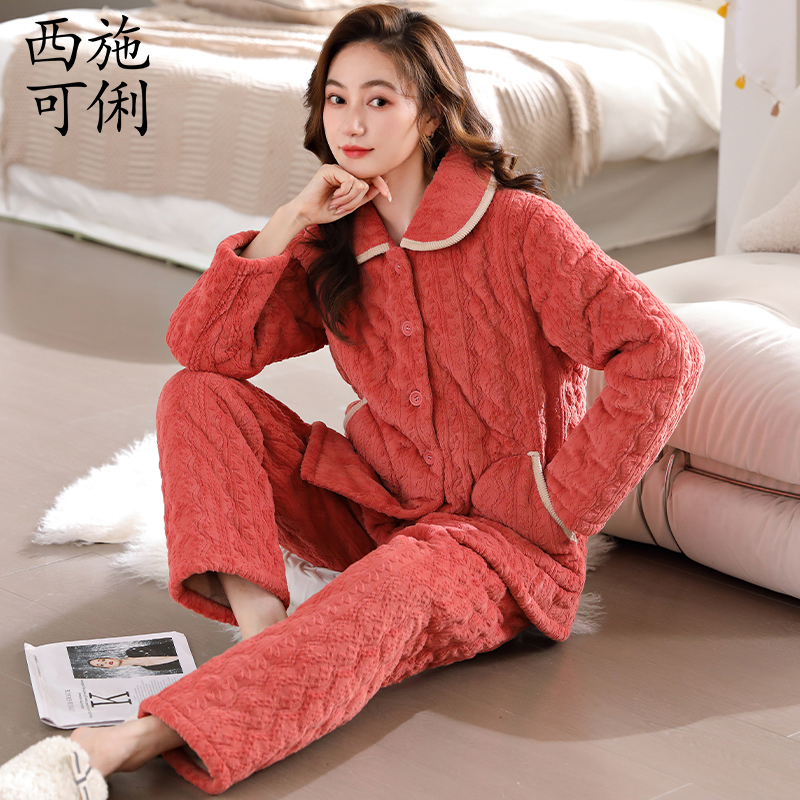 红色睡衣女冬加厚三层夹棉珊瑚绒