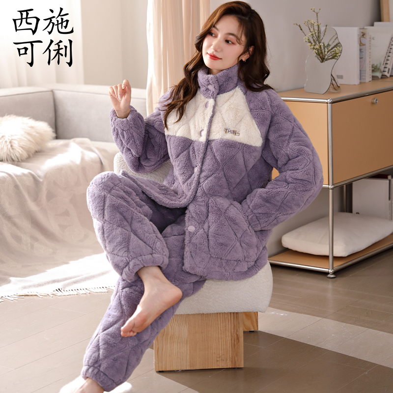 珊瑚绒睡衣女士冬季加厚三层夹棉