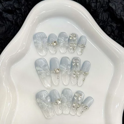 霜筠【蝶梦】蓝海春夏新款冰透立体蝴蝶猫眼清新美甲纯手工穿戴甲