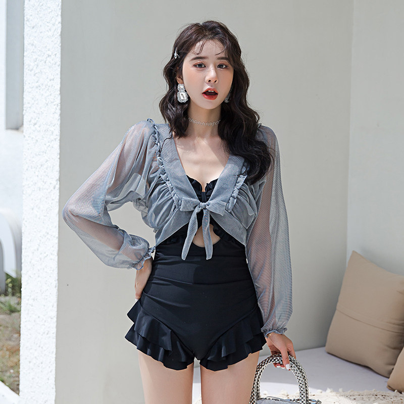 WJ 韩国连体泳衣女长袖罩衫遮肚显瘦温泉加大码孕妇胖MM200斤平角