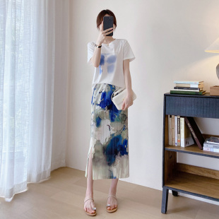 晕染直0317r 新款 好漂亮 蓝色裙子休闲风日系皱褶半身裙春夏装