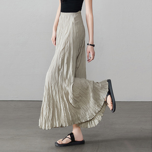 压褶皱褶半身裙女拖地长裙2026夏季 A字裙0317r 简约通勤遮胯薄款
