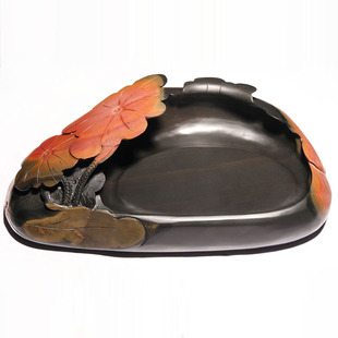 高档珍藏安徽歙砚礼品摆件荷花清趣天然原石老坑精品砚台大墨池文房四宝金皮籽料手工雕端砚书法国画研墨专用