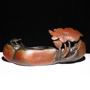 高档珍藏安徽歙砚礼品摆件荷花清趣天然原石老坑精品砚台大墨池文房四宝金皮籽料手工雕端砚书法国画研墨专用