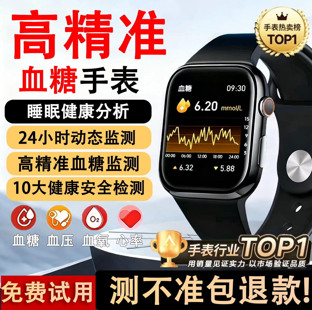 2025新款德国精准监测血糖手表血压心率血脂尿酸健康智能运动手环