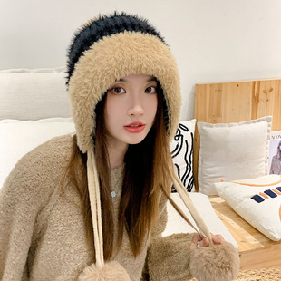 秋冬季可爱毛球毛绒绒帽子女加绒护耳雷锋帽保暖包头毛线针织冷帽