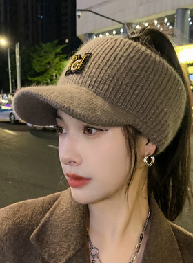 秋冬保暖护耳针织鸭舌帽子2024年新爆款女士韩版冬季空顶棒球帽潮