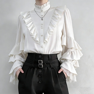 蝙蝠袖 哥特风白色衬衫 宽松Lolita红色男女衬衣 2026新款 王子系套装