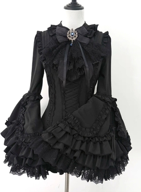 黑色收腰哥特风上衣蕾丝doll感lolita姬袖内搭秋冬洛丽塔修身衬衫